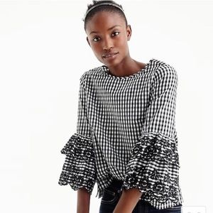 J. Crew Black and White Gingham Tiered Bell Sleeve Top Size 4